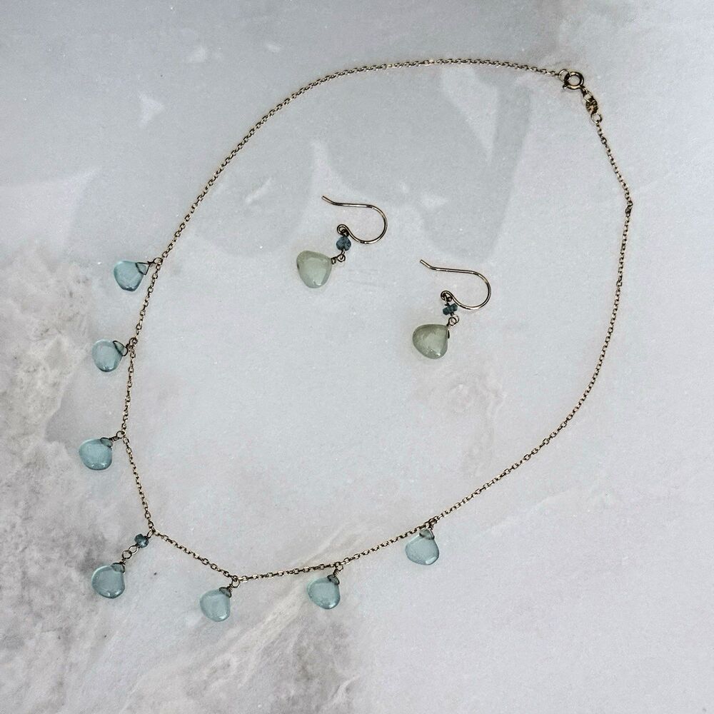 NEW Jewelmak 14K Gold Seafoam Chalcedony Necklace Earring Set Vintage Boho - Picture 11 of 15